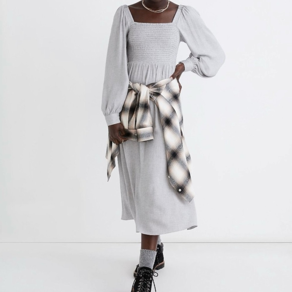 Madewell Lucie Long-Sleeve Smocked Midi Dress in Wool Gauze Size Medium xxs